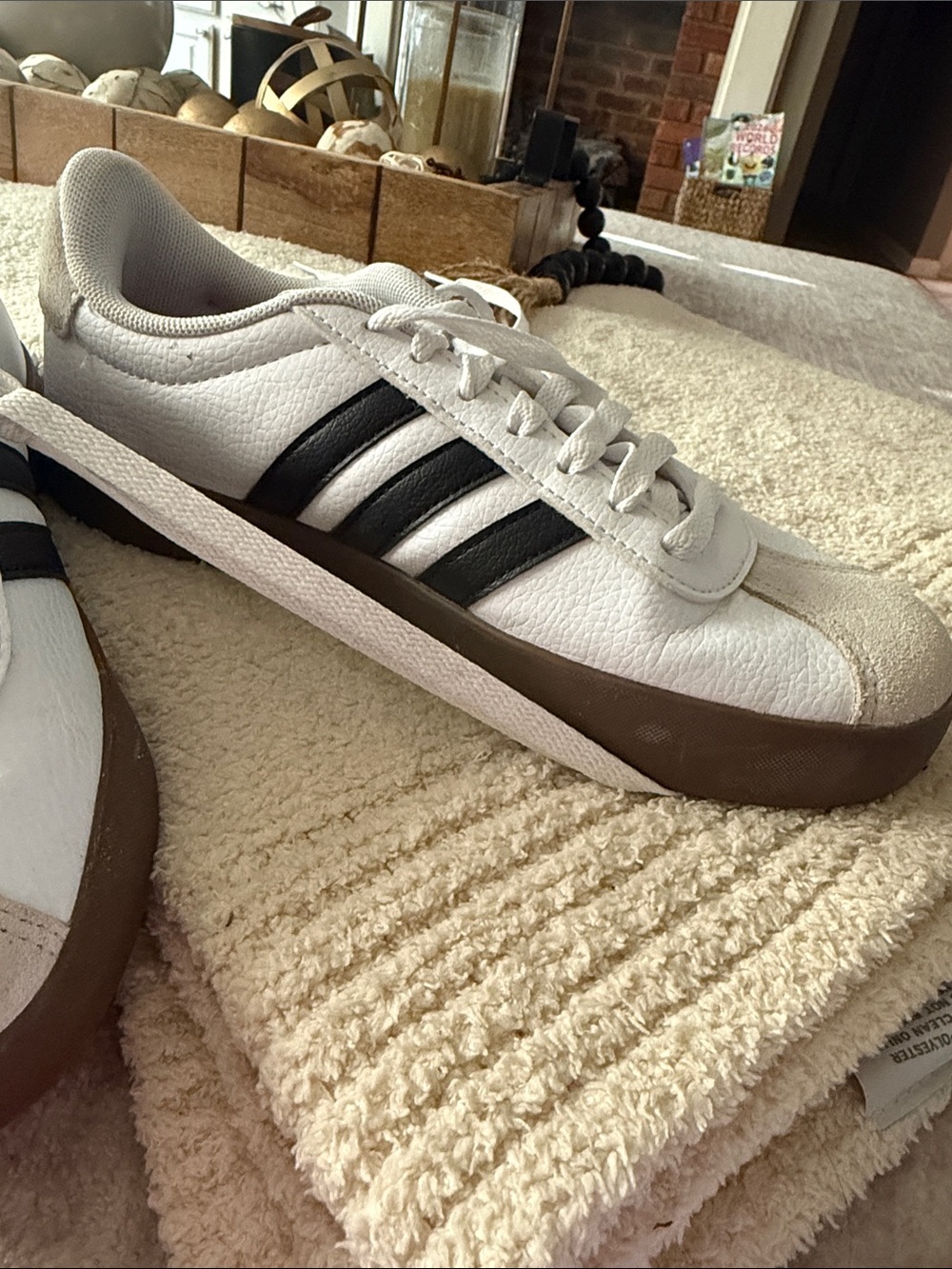 adidas White Sneakers with Black Stripes and Brown Sole